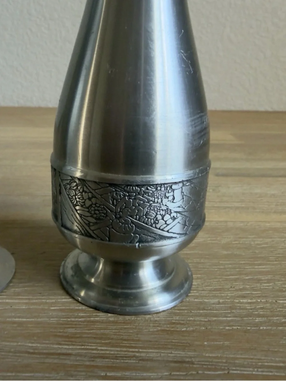 Vintage Pewter Skinny Bud Vases And Pitcher 8” and 6” Tall Silver Color Set of 2